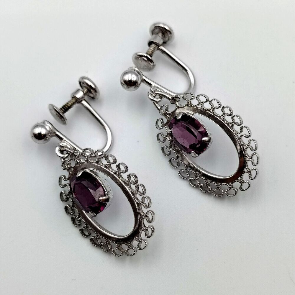 Van Dell Sterling Silver 925 Purple CZ Ornate Dangle Earrings Screw Back